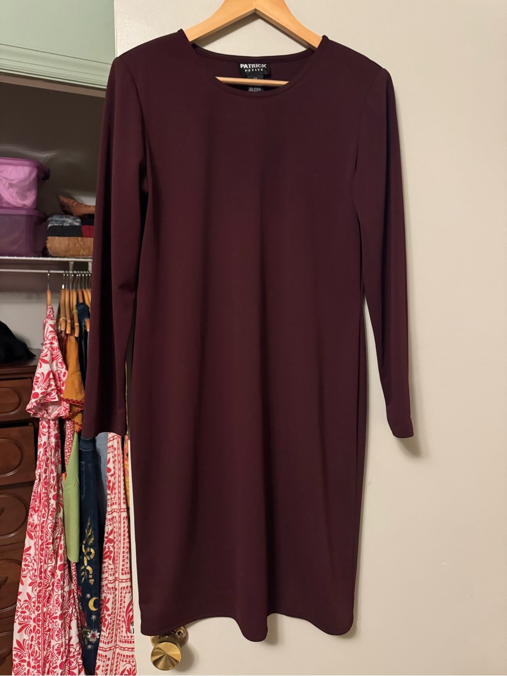 Dark Wine Long-Sleeve Shift Dress